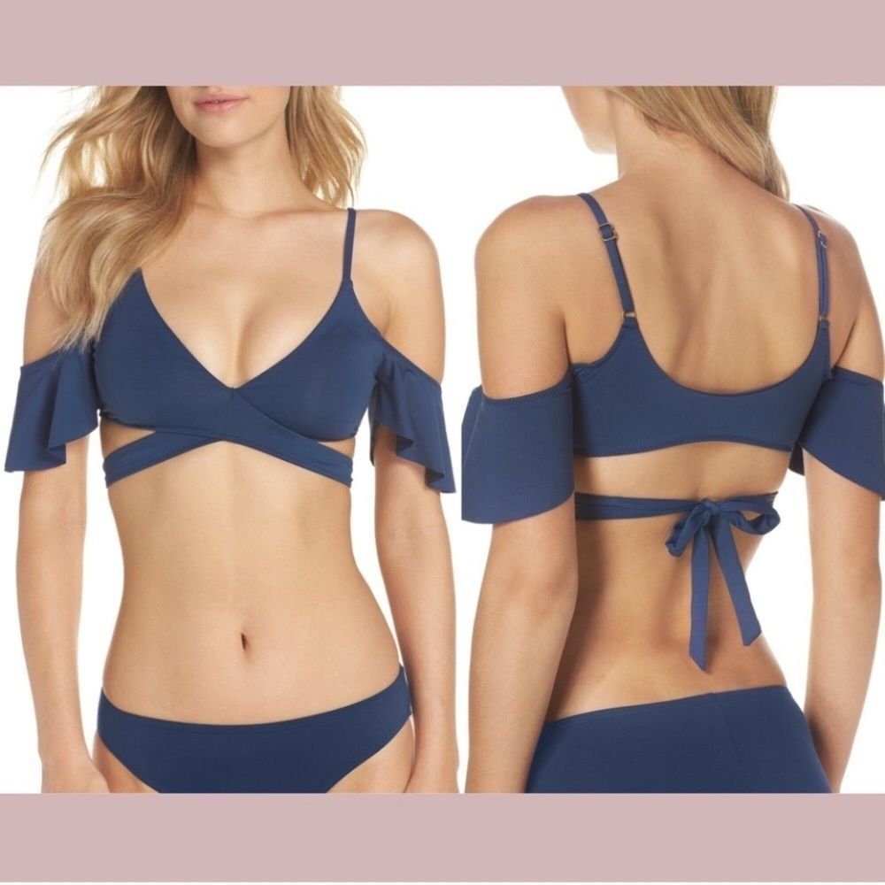 New Becca blue cold shoulder strap ruffle bikini top